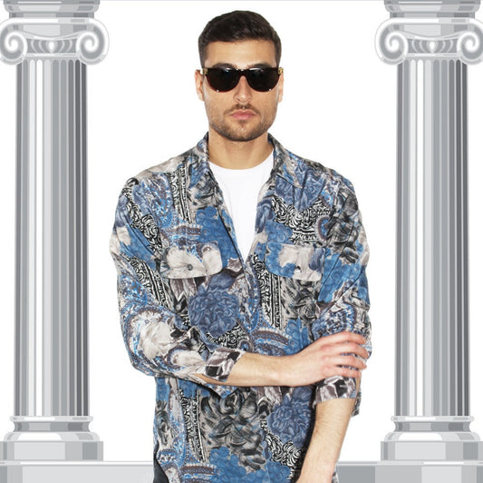 Camicia floreale New Moon in raso floreale-barocco blu/grigio anni '80 Italia