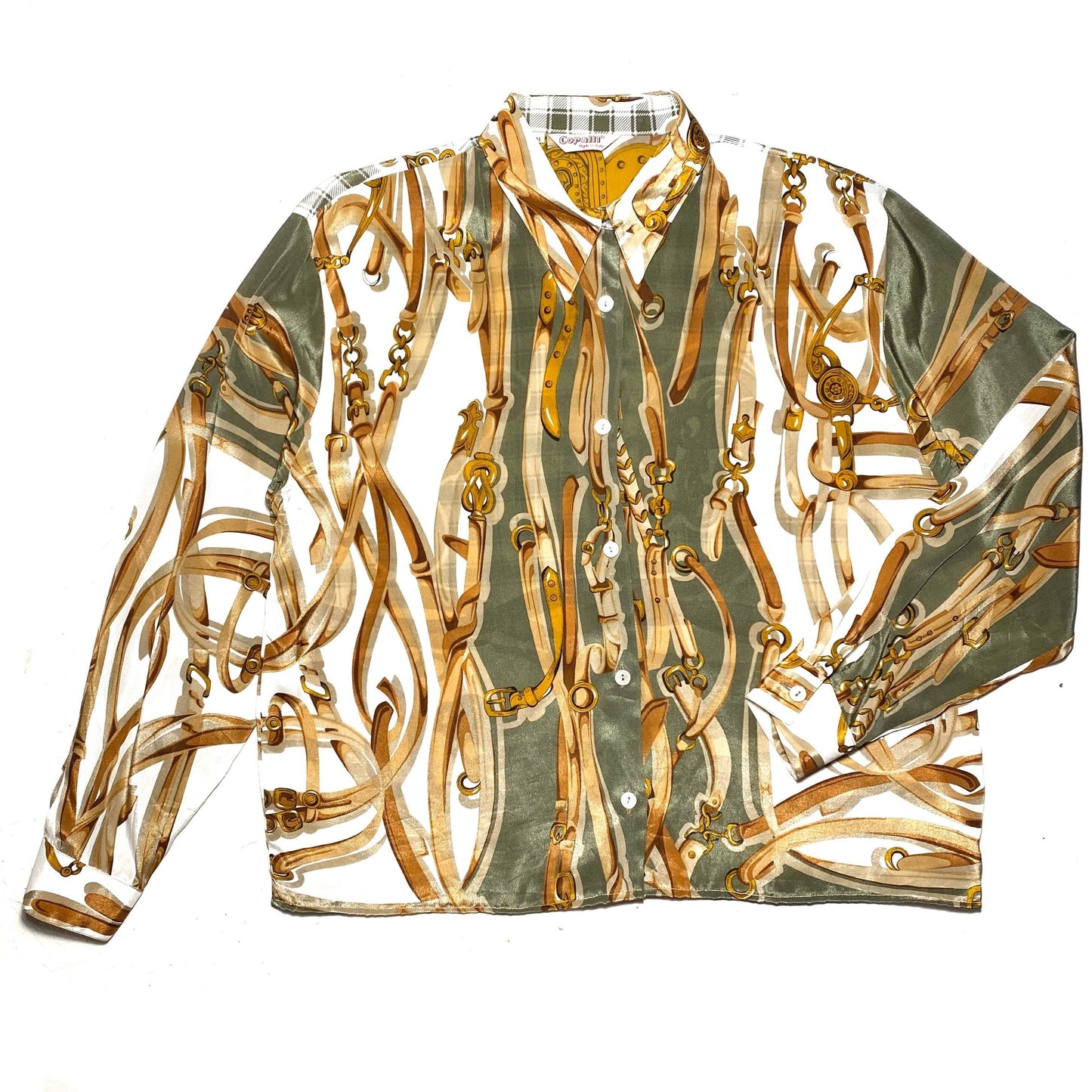 Copalli wonderful baroque silk blend blouse, chains / straps horse themed print, mint 1980s Italy