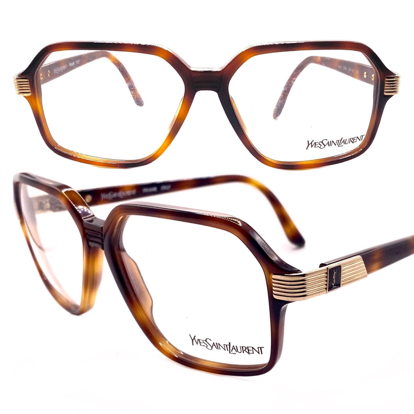 YSL Saint Laurent y596 classy tortoise square glasses frames, pure nerd-geek style, NOS 80s Italy