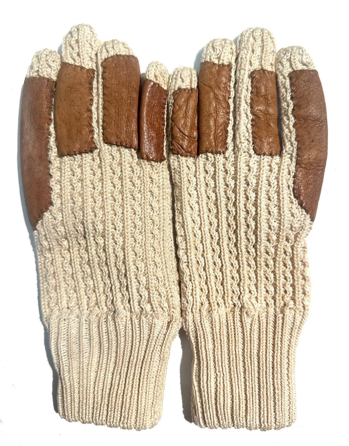 Artisanal Cotton knit driving style gloves w/ tan leather  reinforcements, NOS 80s mint