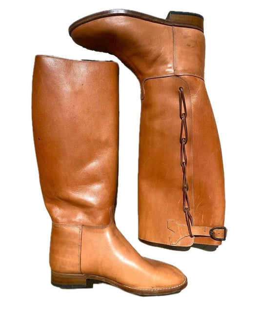 NOS 80s artisanal high tan leather boots with interesting closure, for horse riding and everyday, mint sz 40