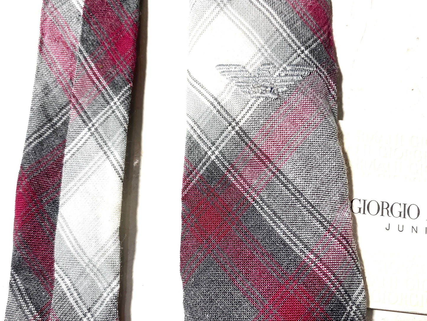 Giorgio Armani junior vintage slim cotton burgundy/grey/white tartan tie, 90s NOS, 2 available