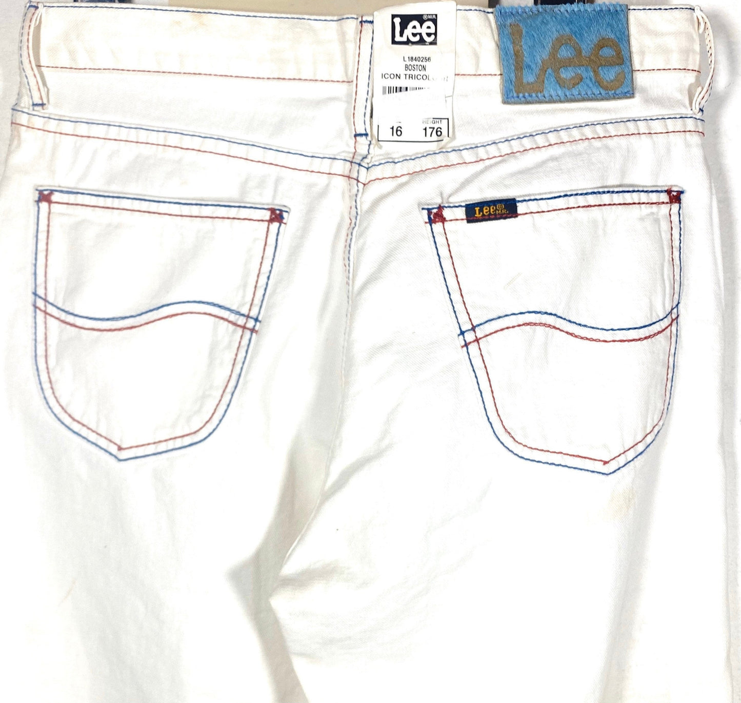 Lee Boston rare ltd US flag icon tricolor stitching white jeans, new old stock 90s with tags