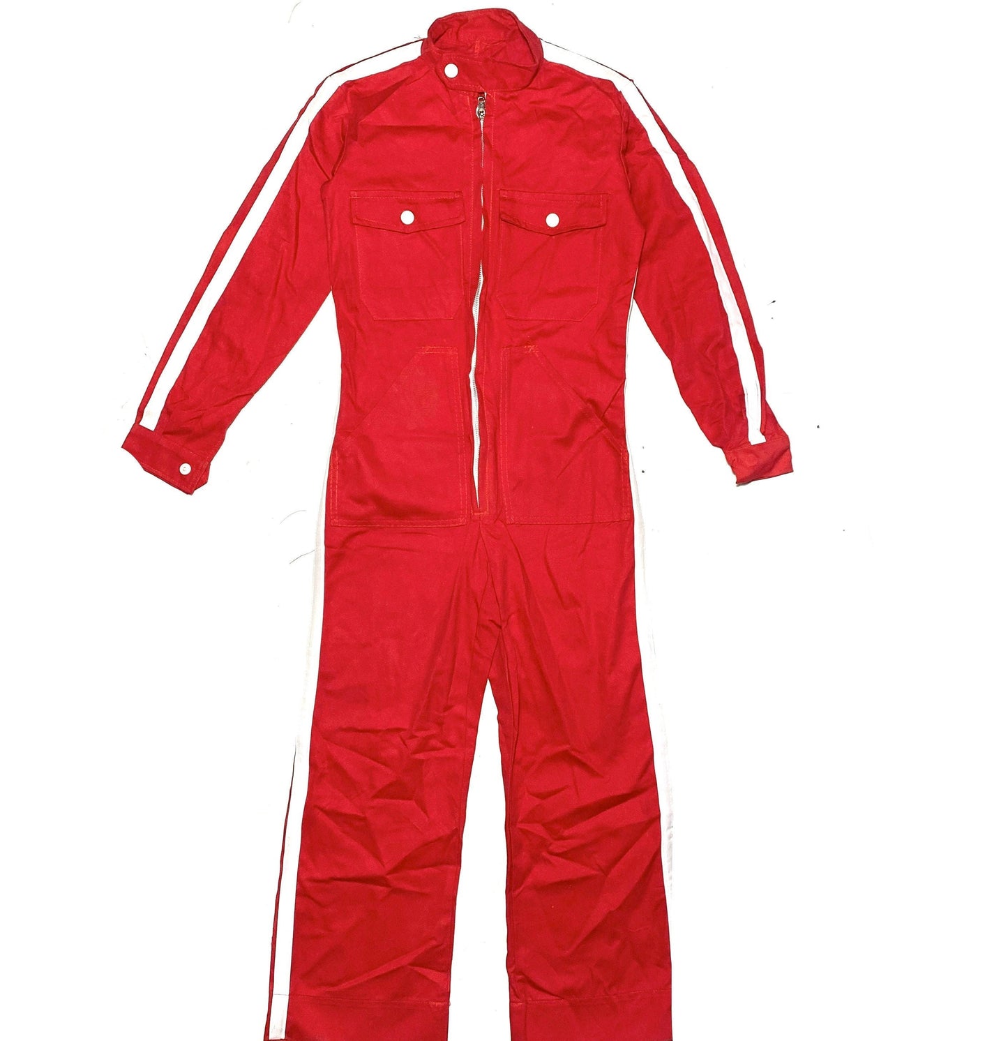 Cute red kids go-kart mechanic overall suit in cotton canvas with white stripe detail, NOS 70s