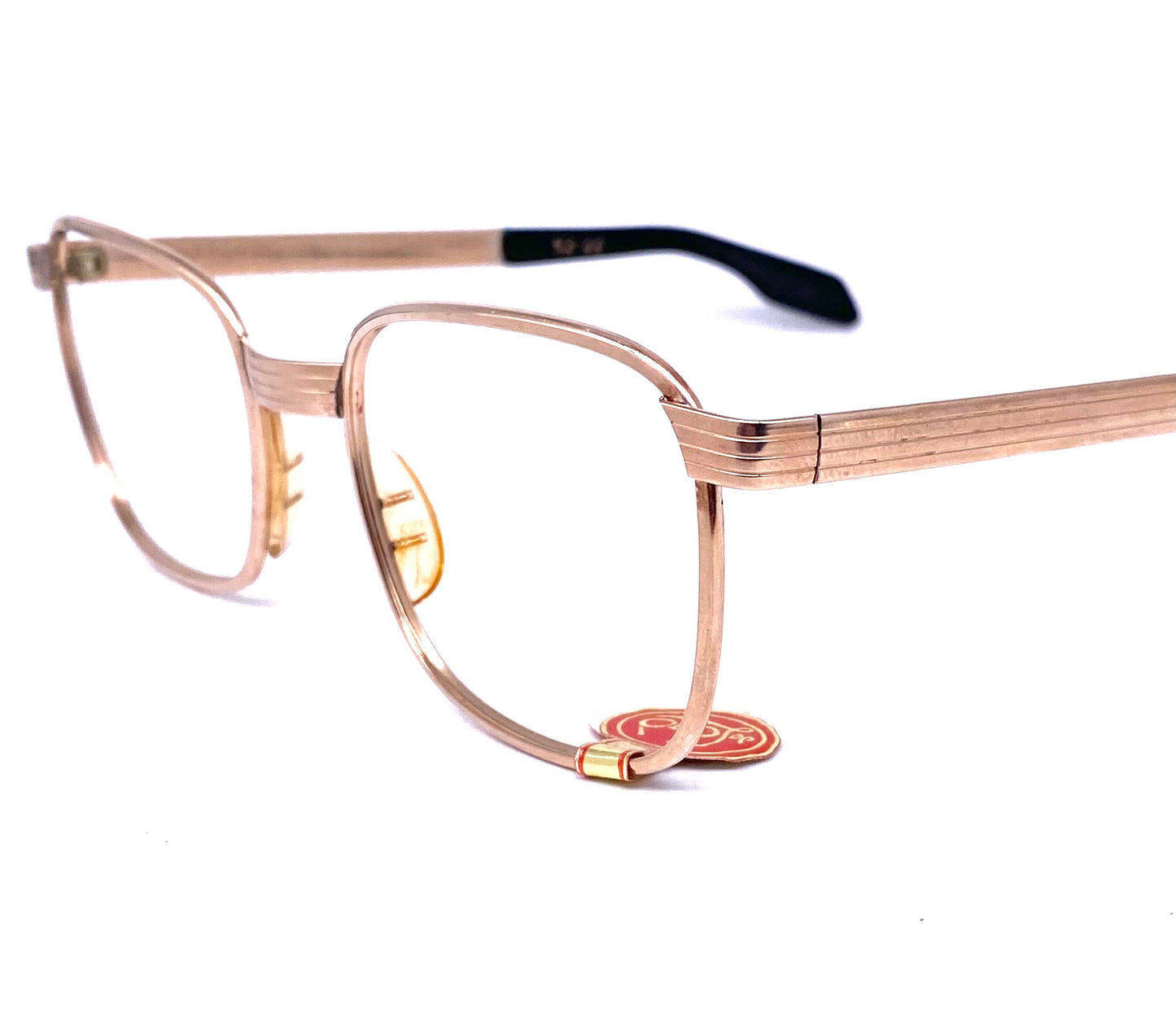 De Lotto real gold plated 20k square metal frames w/ thick bridge & temples adorned w/ carved lines, 1960s NOS Italy