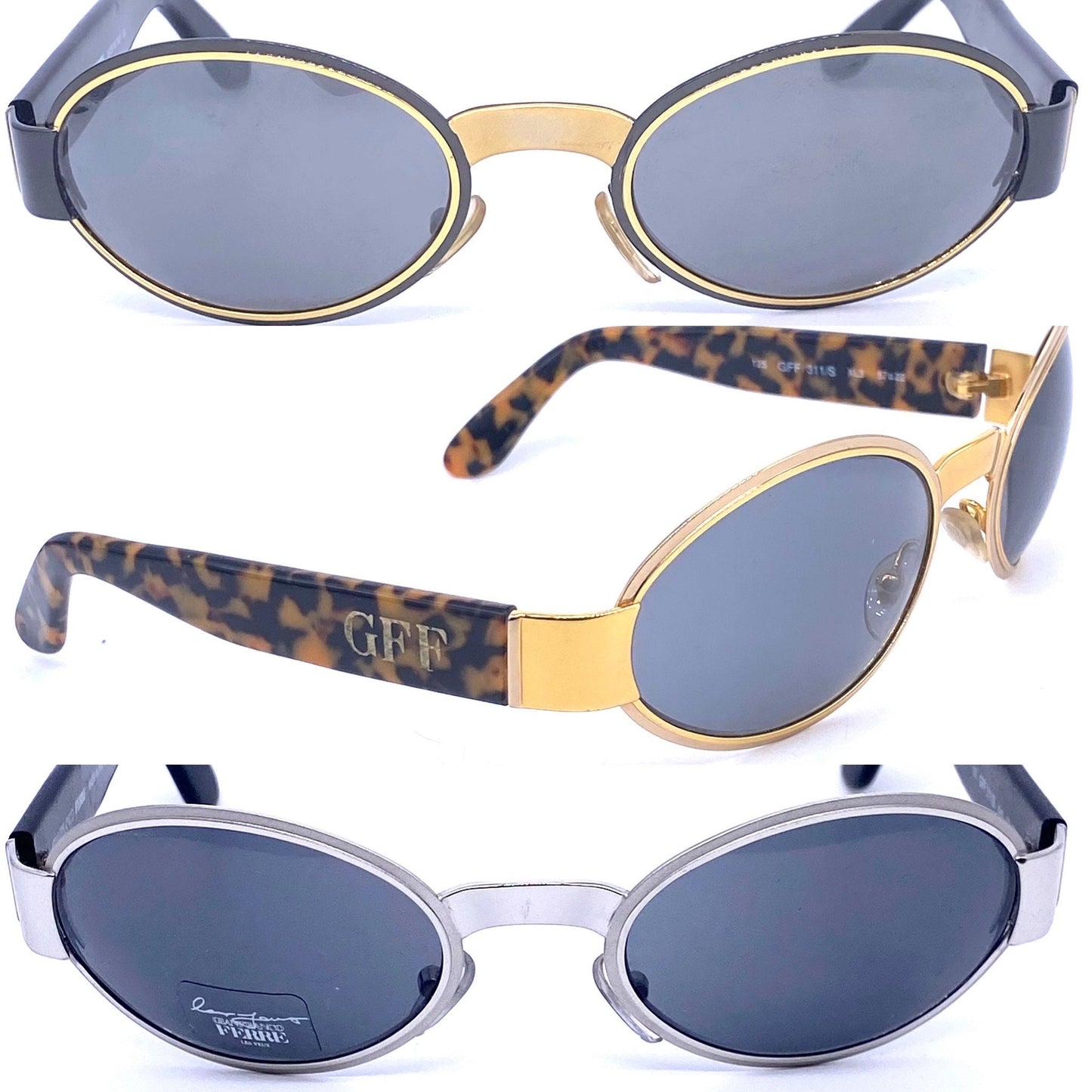 Gianfranco Ferre 311 golden oval wrap sunglasses w cello temples, 3 color combos , NOS 90s Italy