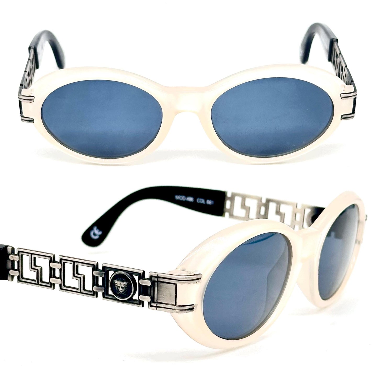 Gianni Versace 486 vintage matt white oval sunglasses made in Italy with Medusa logo detail in greek key on the silver temples NoS 90s