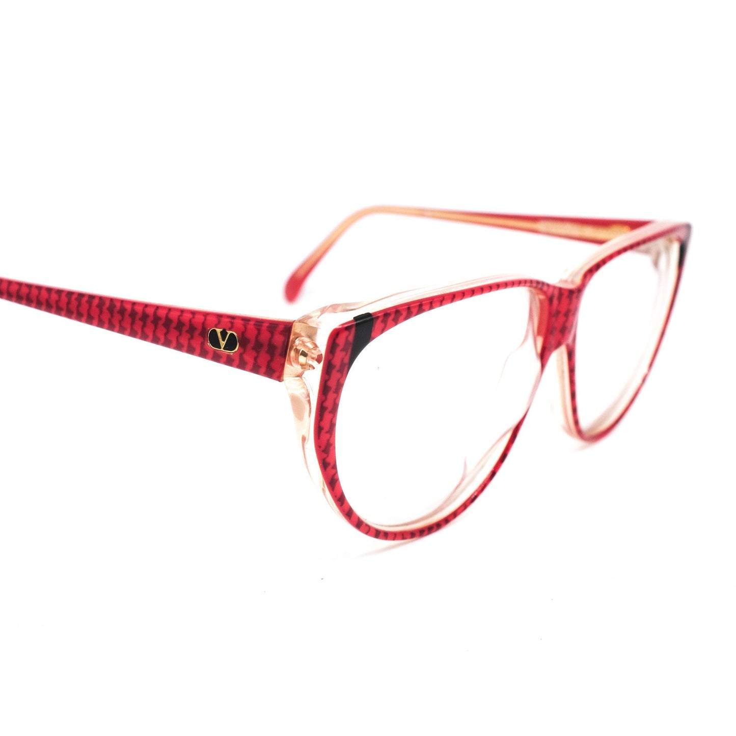 Valentino 129 red cateye cello eyeglasses frames with houndstooth pattern, 1980s NOS Italy