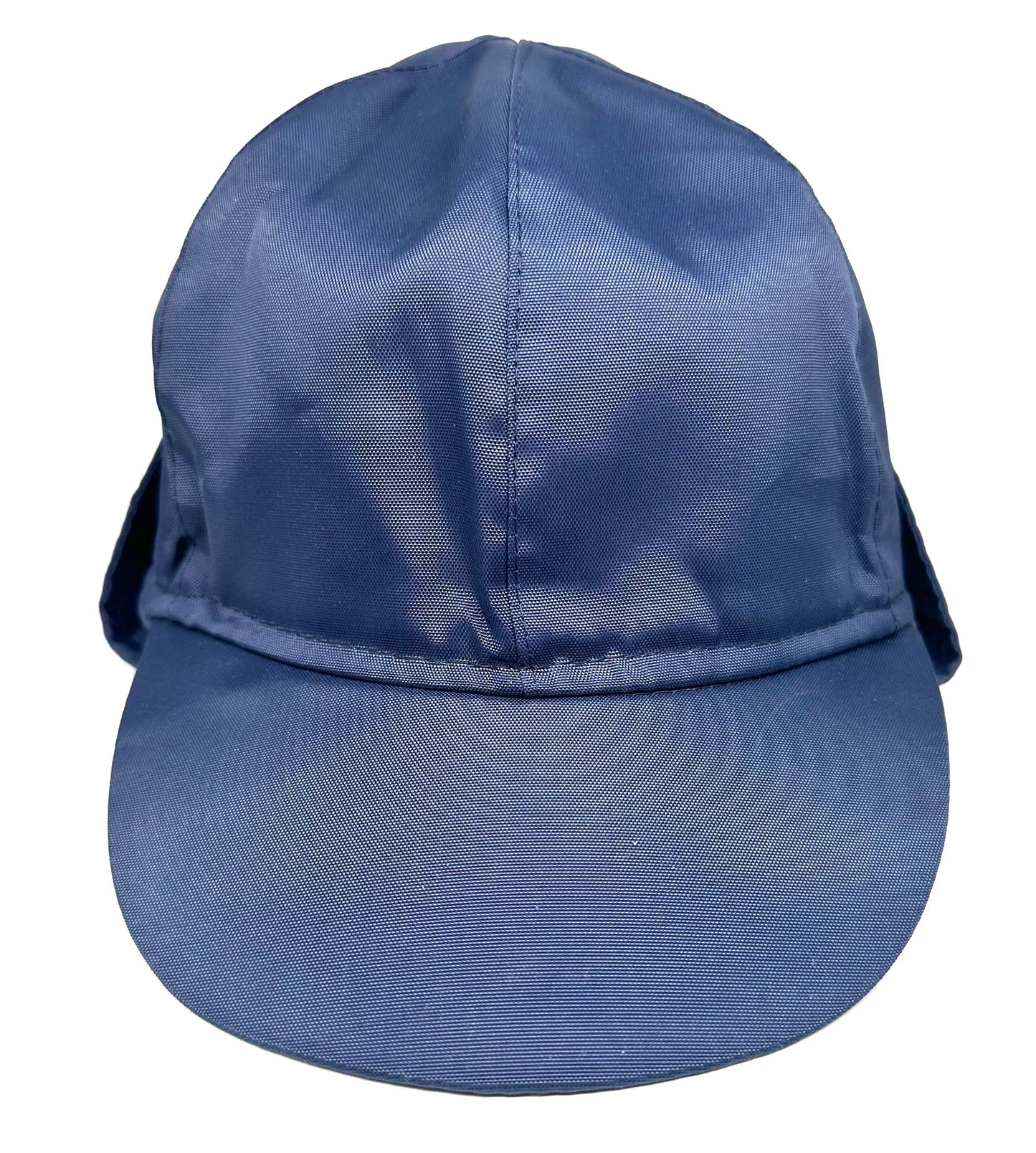 Sherlock Holmes style navy nylon hat with retractable wool knit earpads, NoS 80s Italy, sz 55, 56