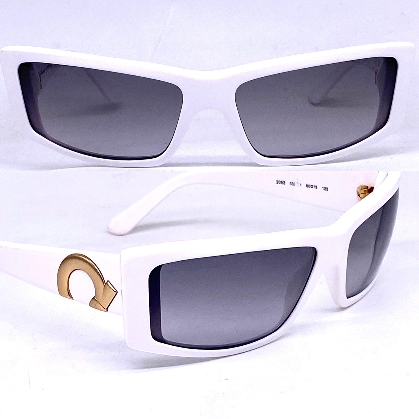 Ferragamo white acetate rectangular sunglasses w golden metal details / logo inlays, NOS