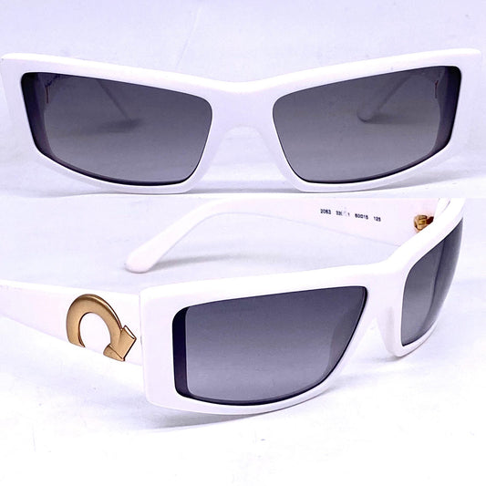 Ferragamo white acetate rectangular sunglasses w golden metal details / logo inlays, NOS