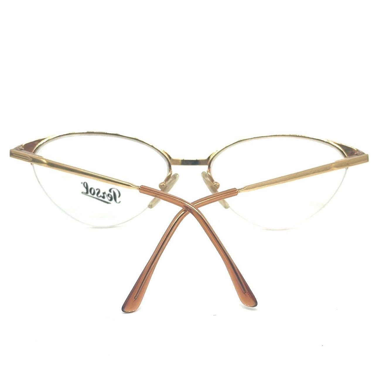 Persol Ratti Eras golden cateye glasses frames w nylor half-rim mount, sleek design; NOS 80s Italy