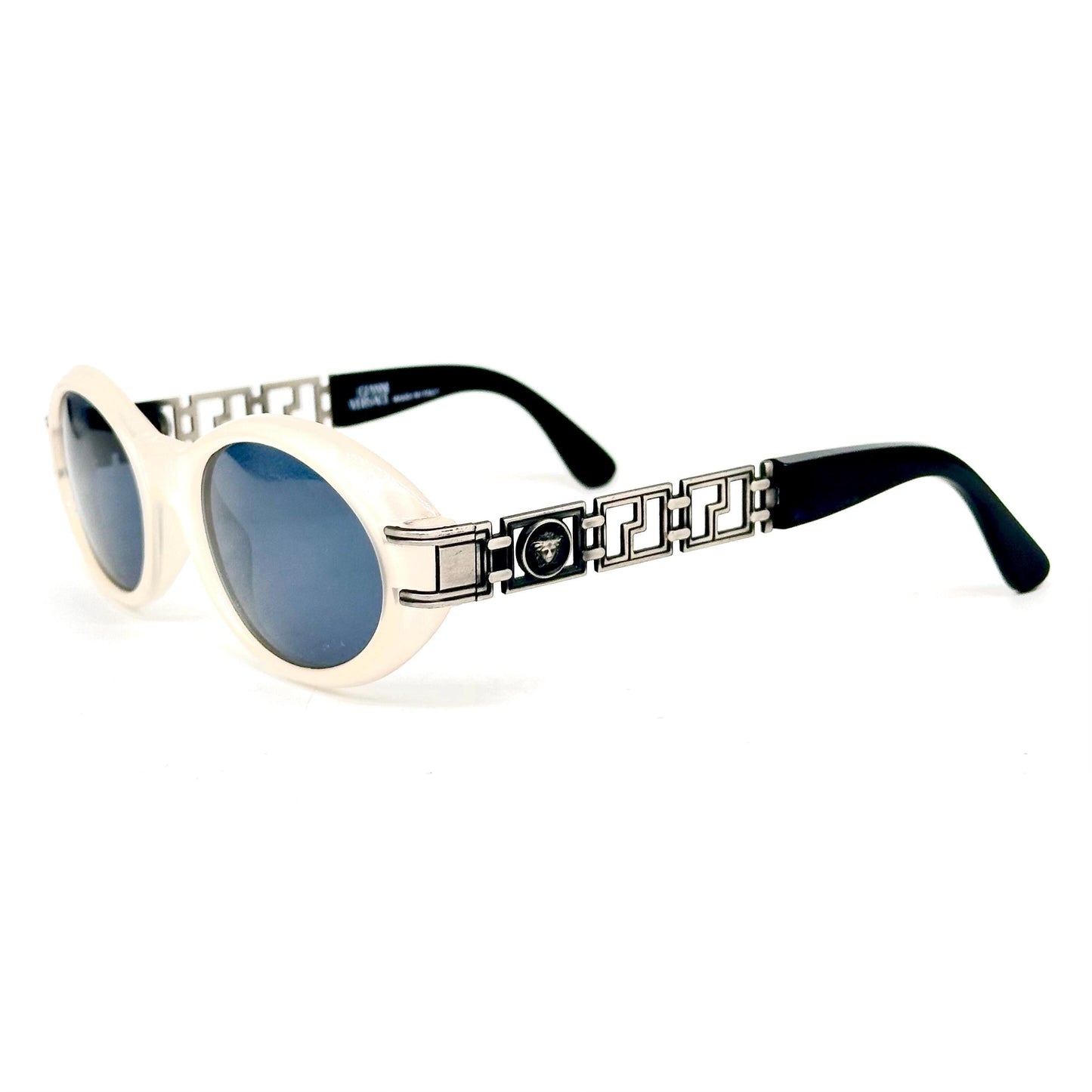 Gianni Versace 486 vintage matt white oval sunglasses made in Italy with Medusa logo detail in greek key on the silver temples NoS 90s