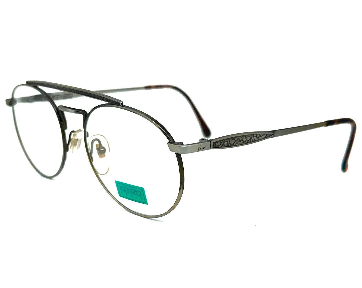 Kenzo 029 round dbl bridge aviator glasses frames w- carved deco details, NOS 80s France