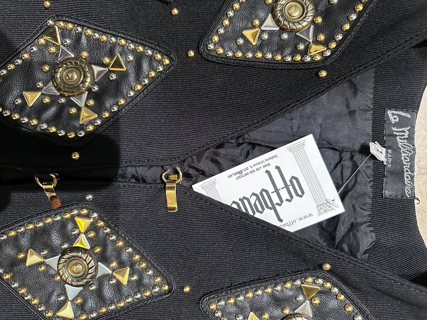 80s Paris couture set bolero and trousers in cotton/elast fully adorned w leather patches, studs & conchos, sz S/ 1