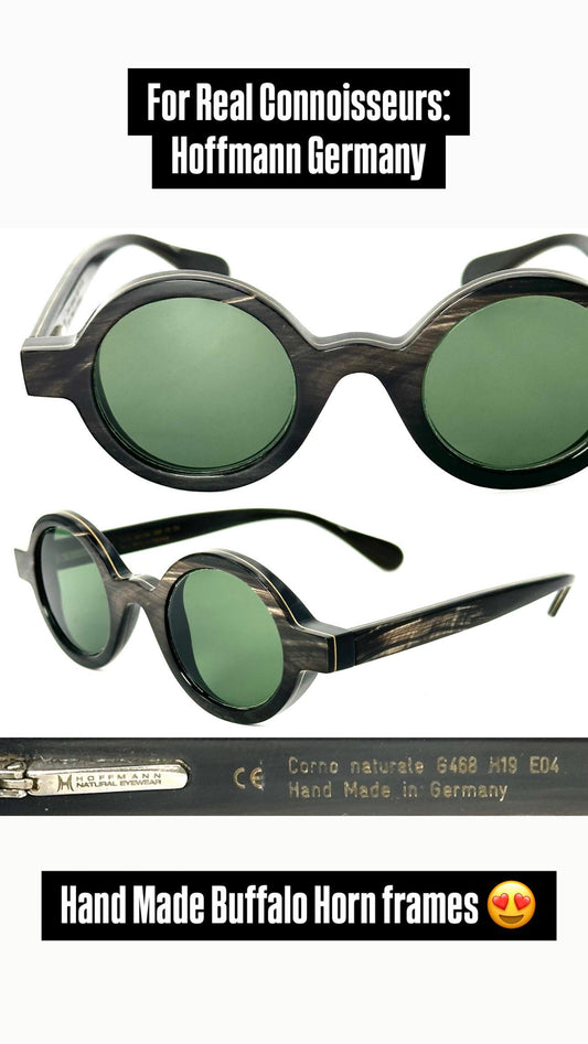 Hoffmann Amalia hand made round buffalo horn sunglasses fitted w green antiglare lenses mint