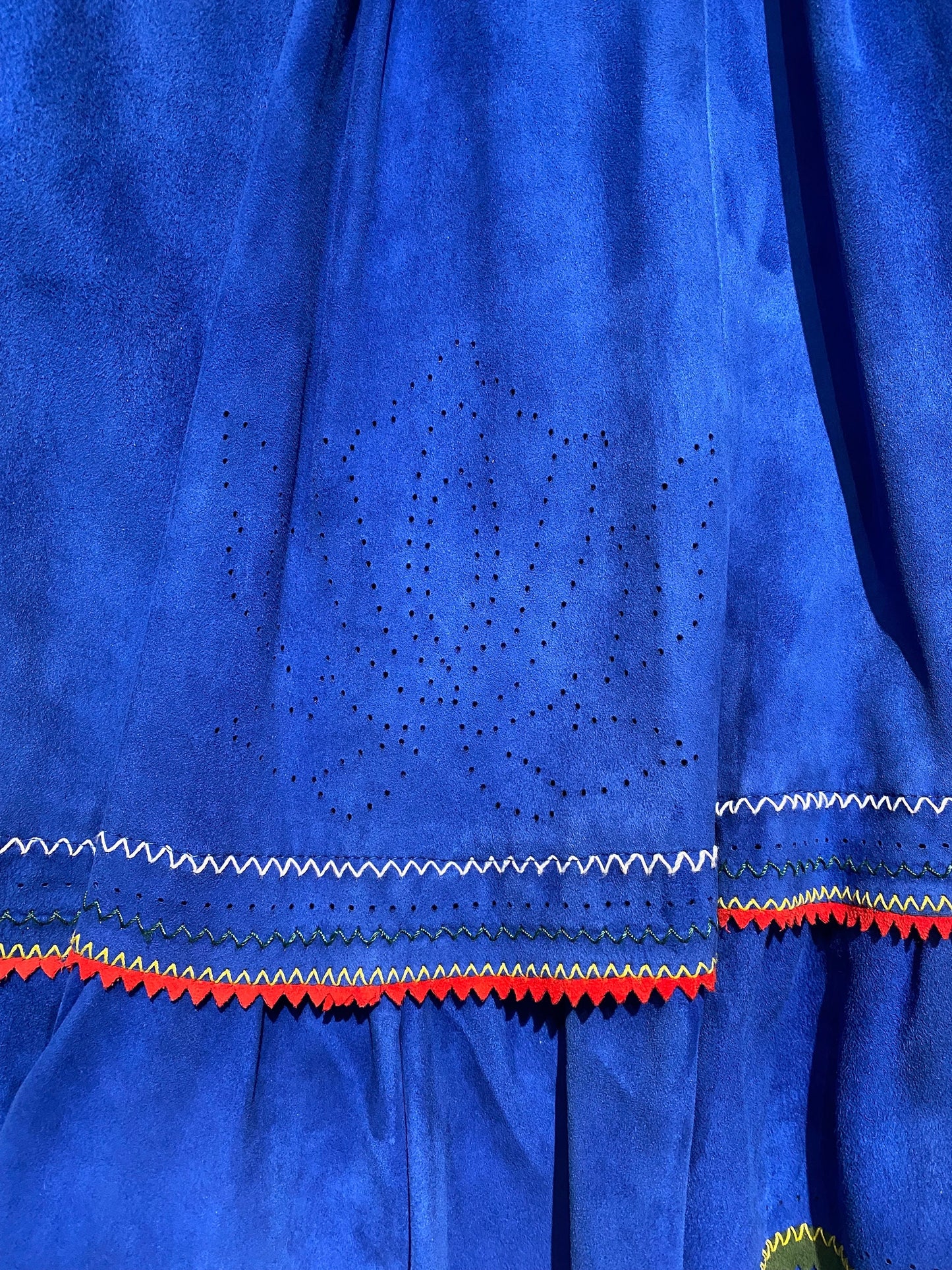 Pancaldi blue suede 2pcs vest / long skirt set w yellow/red striped and cutoff lotus flower detail, NOS 70s Mint
