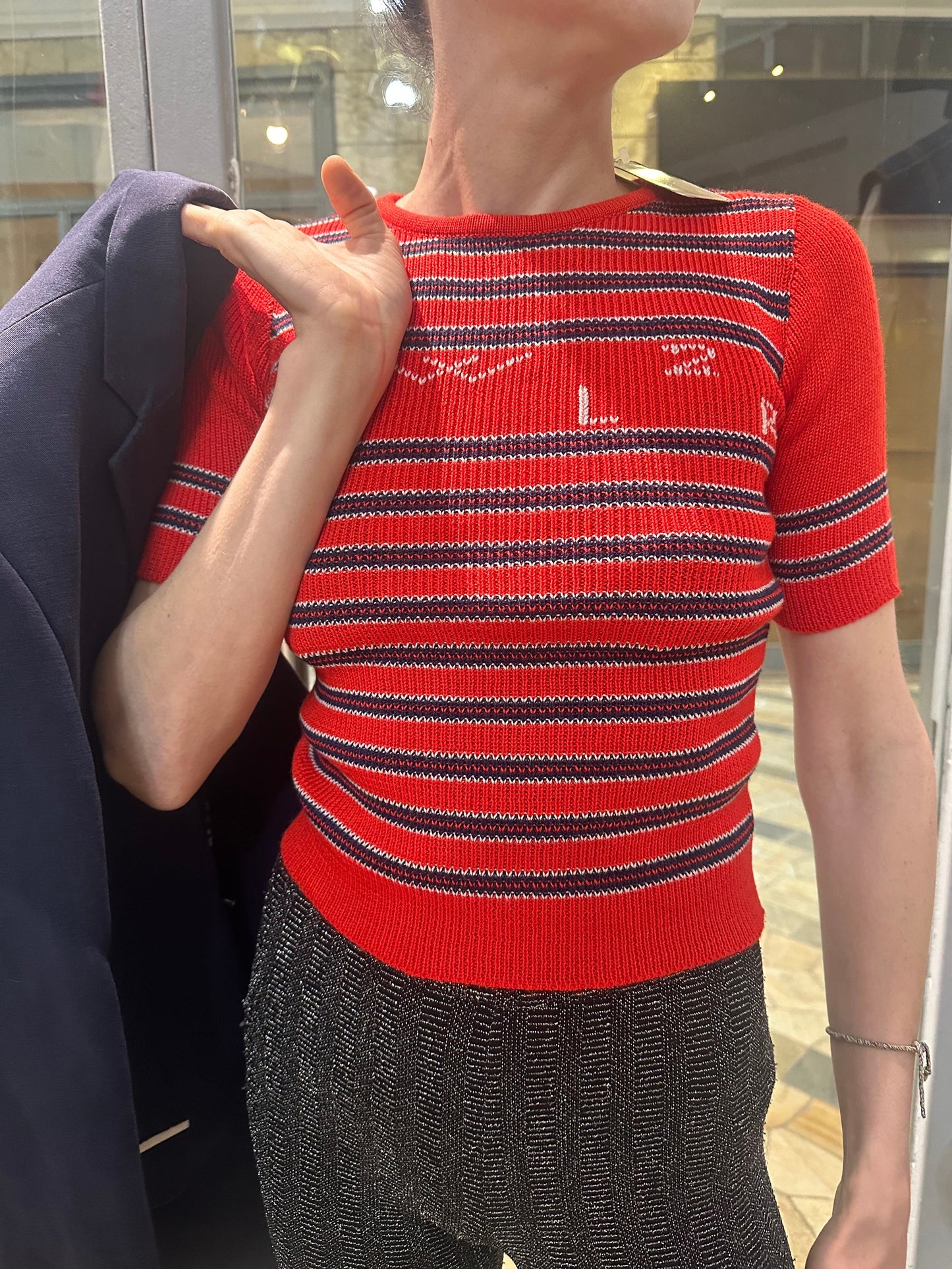 MmaBéne 1970s preppy red/navy/white striped wool knit short sleeved ladies top/ t-shirt, BNWT