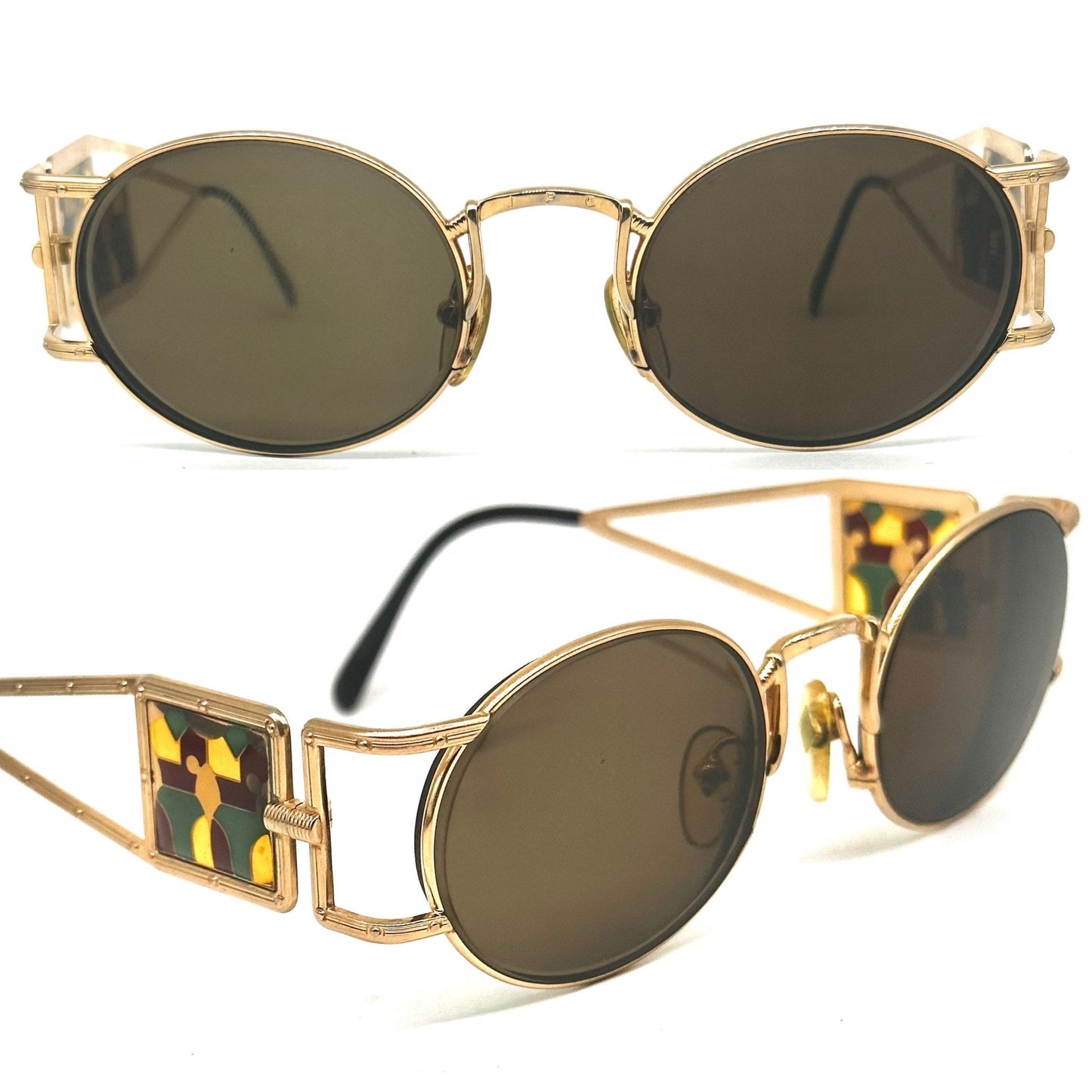 Jean Paul Gaultier 56-4672 rare gold plated round steampunk sunglasses w stained glass inspired temples, used in mint condition