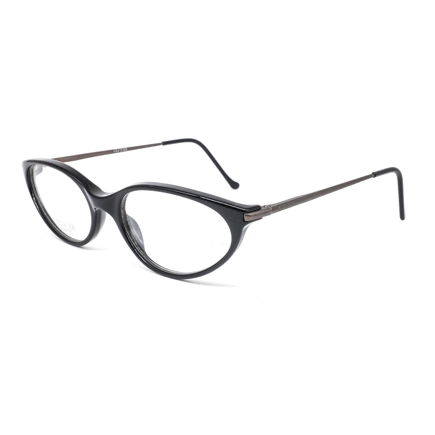 Oliver Valentino ultra light black cateye frames w gunmetal temples, elegant and minimalist design, NoS 80s