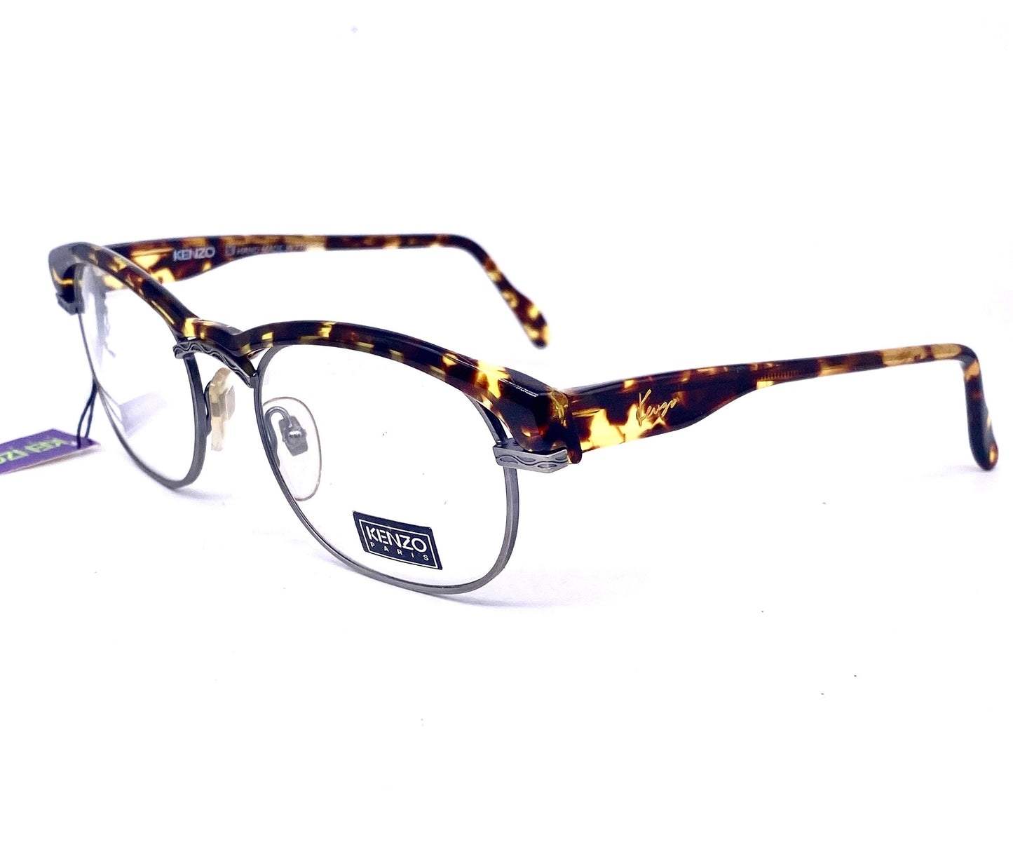Kenzo Jazz K059 rectangular carved gunmetal frames w avant-Garde tortoise browline, 80s NoS France