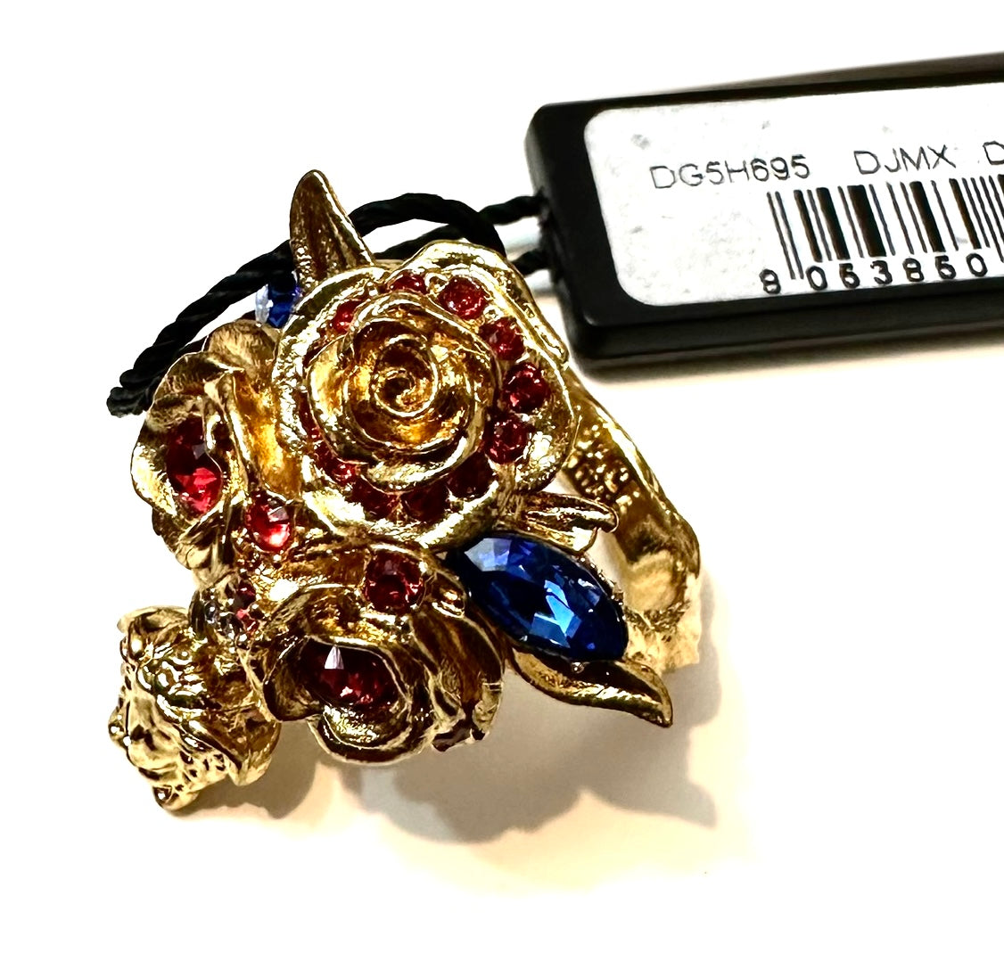 Versace gold plated floral ring with medusa charm and colorful rhinestones, BNWT boxed