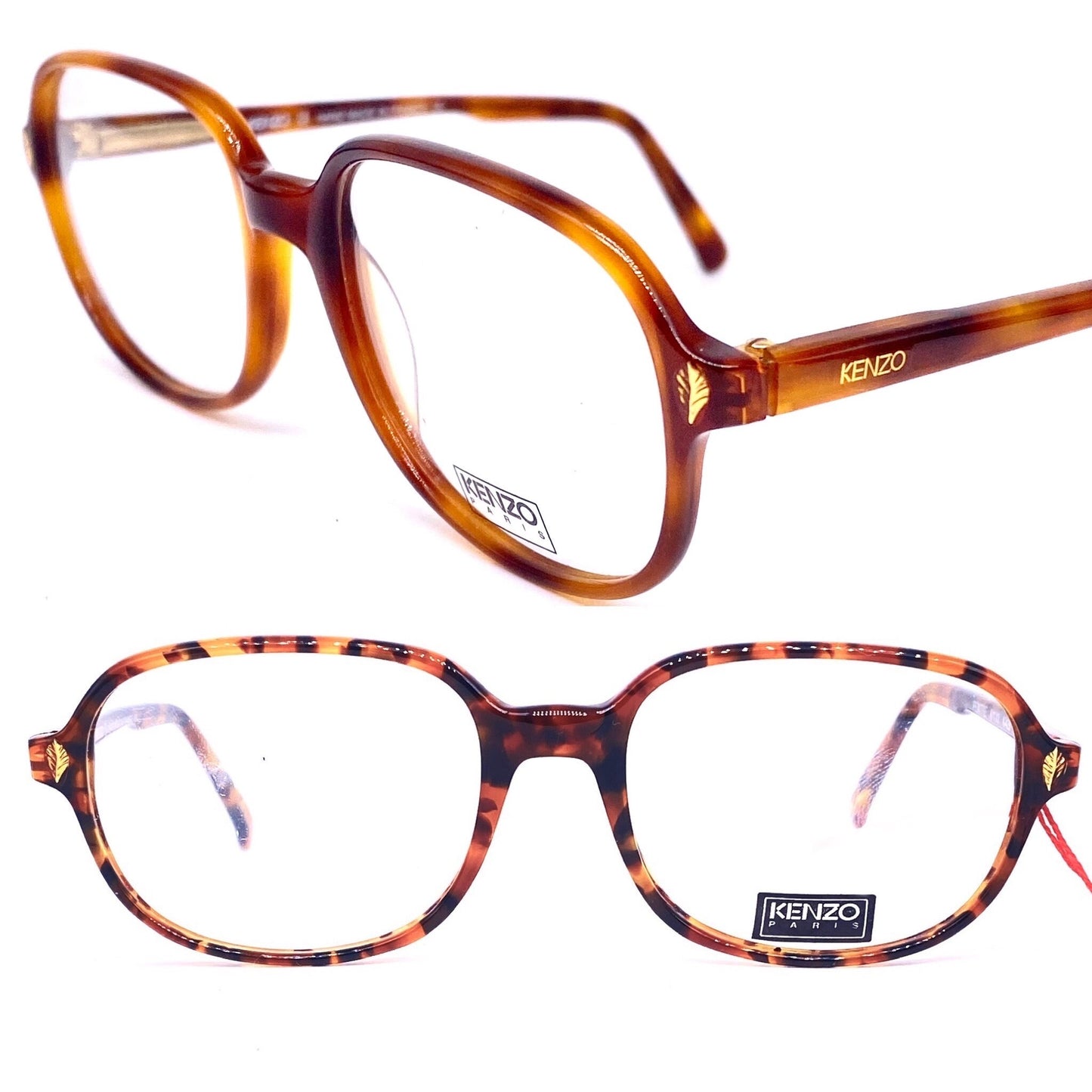 Kenzo K110 Peintre square tortoise cello eyeglasses w golden leaf pins, 2 colorways, NOs 80s Hand Made France