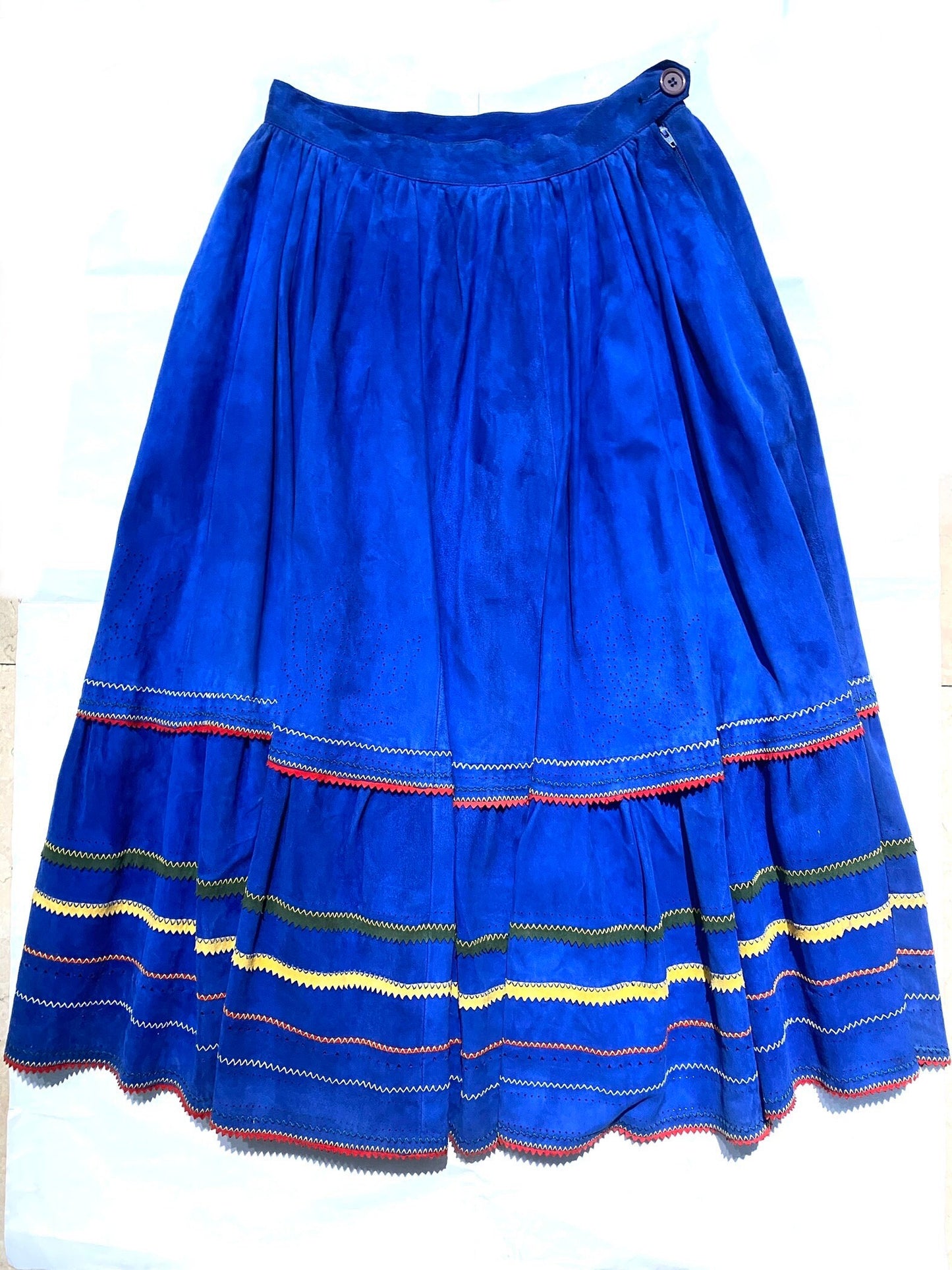 Pancaldi blue suede 2pcs vest / long skirt set w yellow/red striped and cutoff lotus flower detail, NOS 70s Mint