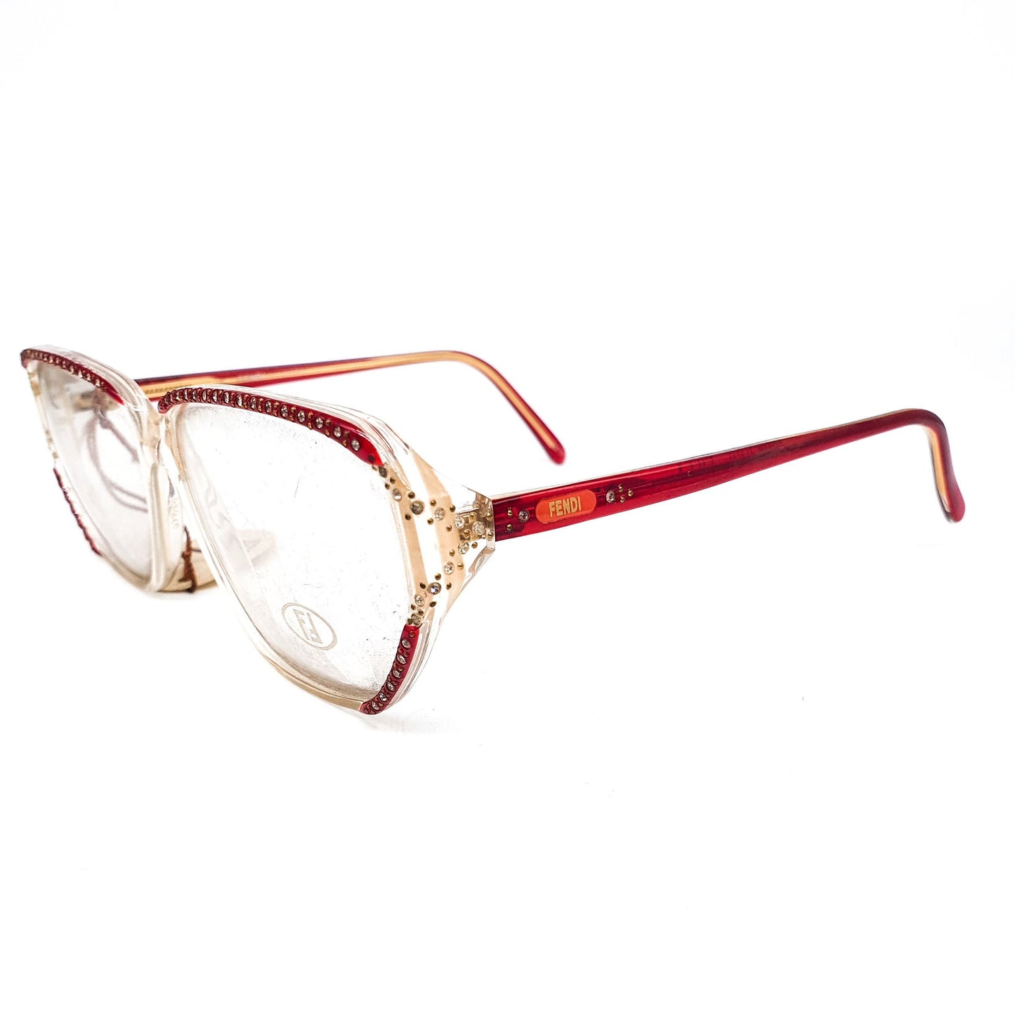 Fendi FV54 oversized glasses in clear/ burgundy acetate w crystals detailing, NOS 80s Italy