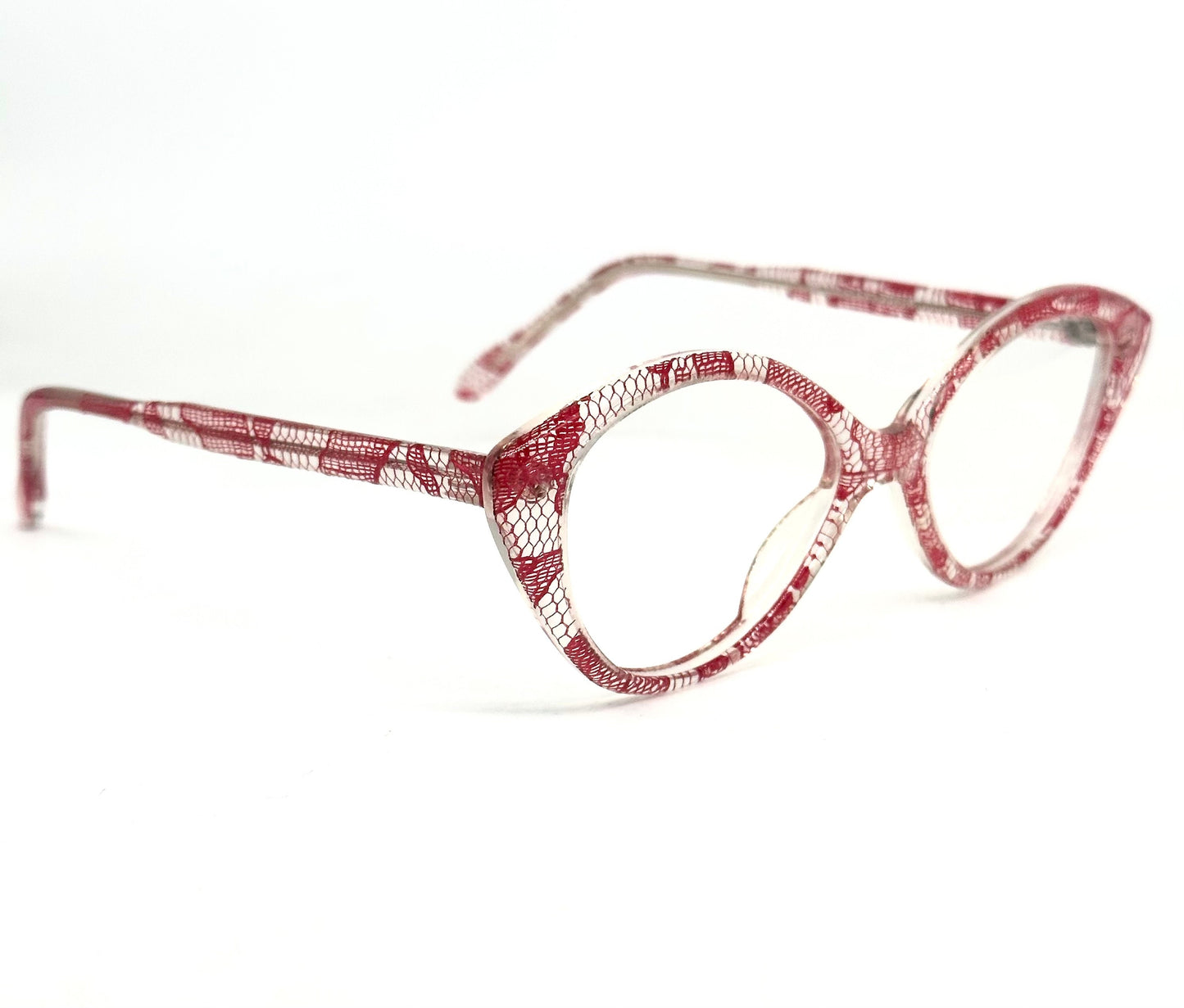 Fiorucci 218 clear cateye glasses frames w red laces inlaid, NOS 80s Italy