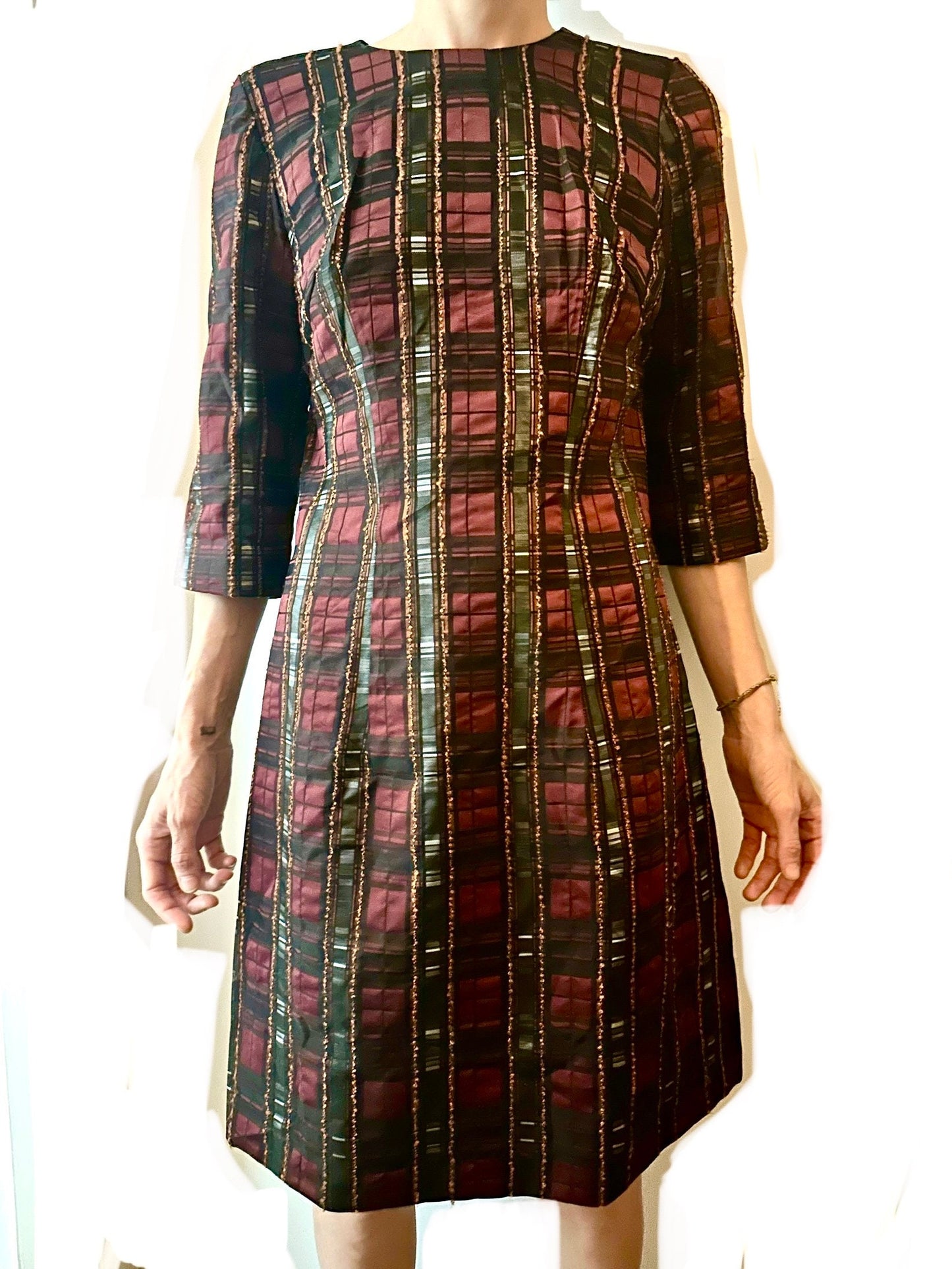 Tailor made tartan sheath dress in jacquard satin fabric, psz S/M, 1980s Italy