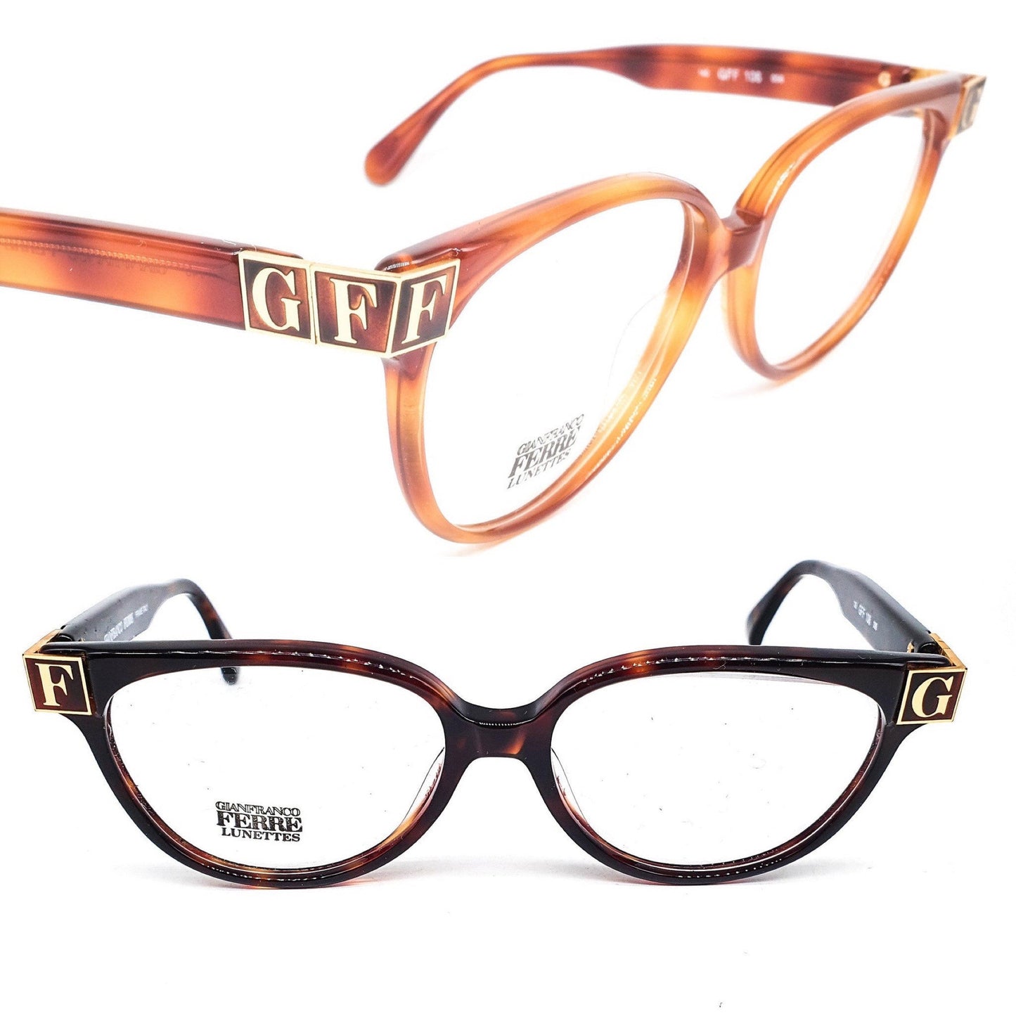 Gianfranco Ferré gff106 light or dark tortoise eyeglasses frames with golden signature hinge, 2 sizes
