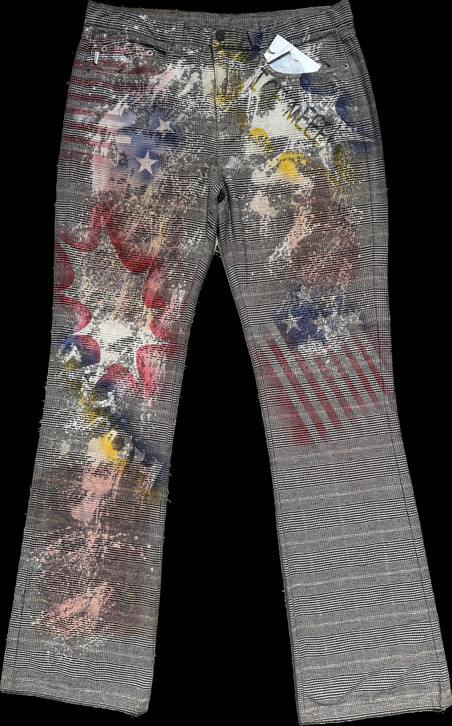 Iceberg Jeans flared checkered cotton trousers w pop- US flag inspired serigraphic hand print, stunning NOS 90s sz 32