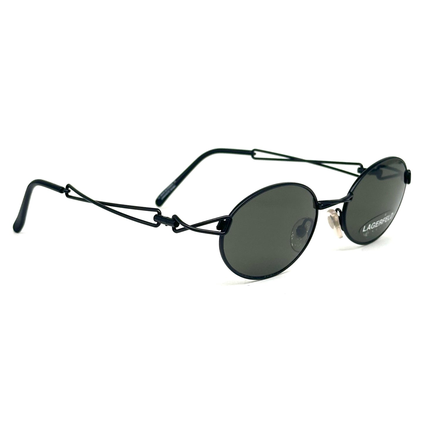 Karl Lagerfeld 4124 01 black oval steampunk sunglasses intertwined temples 1990s, NOS