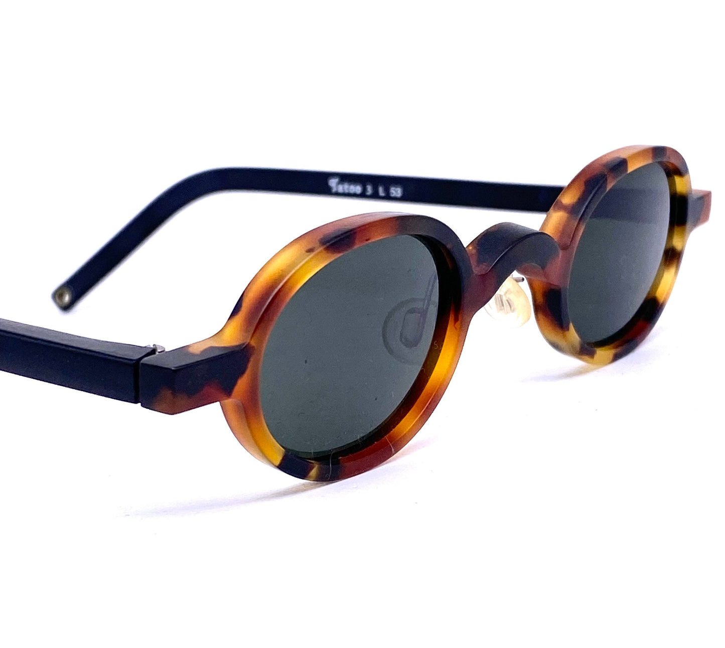 T-Look Milano Tattoo coolest small oval retro-Victorian style tortoise sunglasses w patent pierced temples, NoS 90s Italy