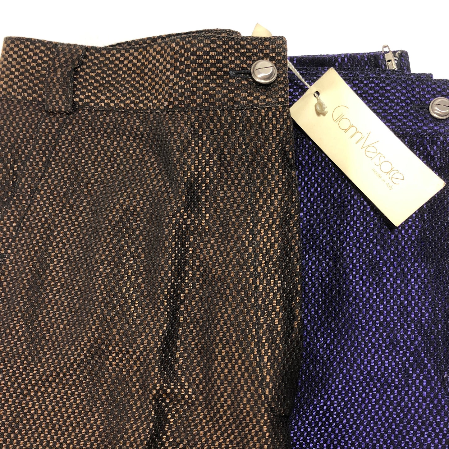 Gianni Versace classy sartorial trousers in brown checkered jacquard viscose, zippered ankles, NOS 80s W Tags