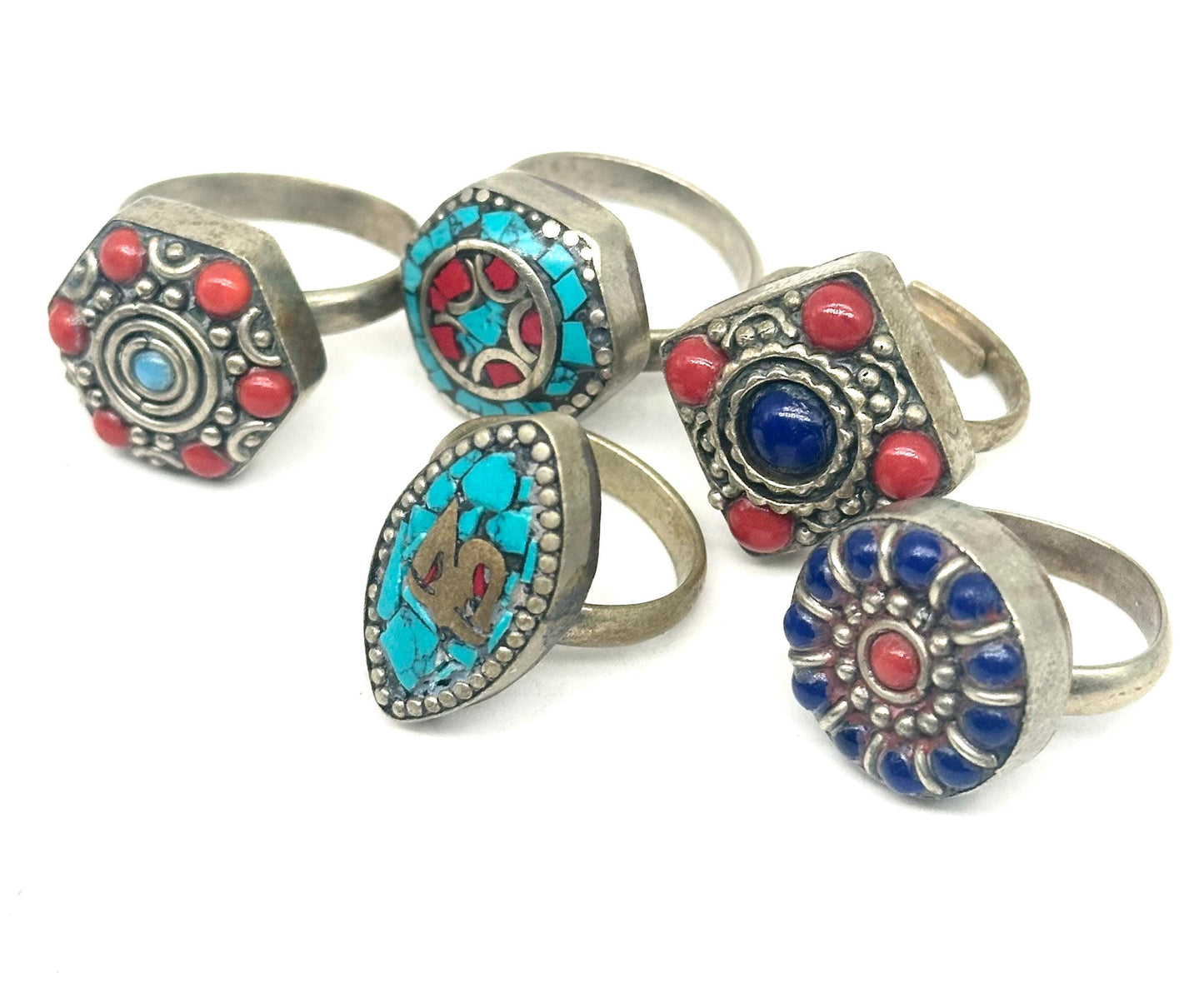 Tibetan ethnic rings w blue/red/turquoise beads/stones, adjustable