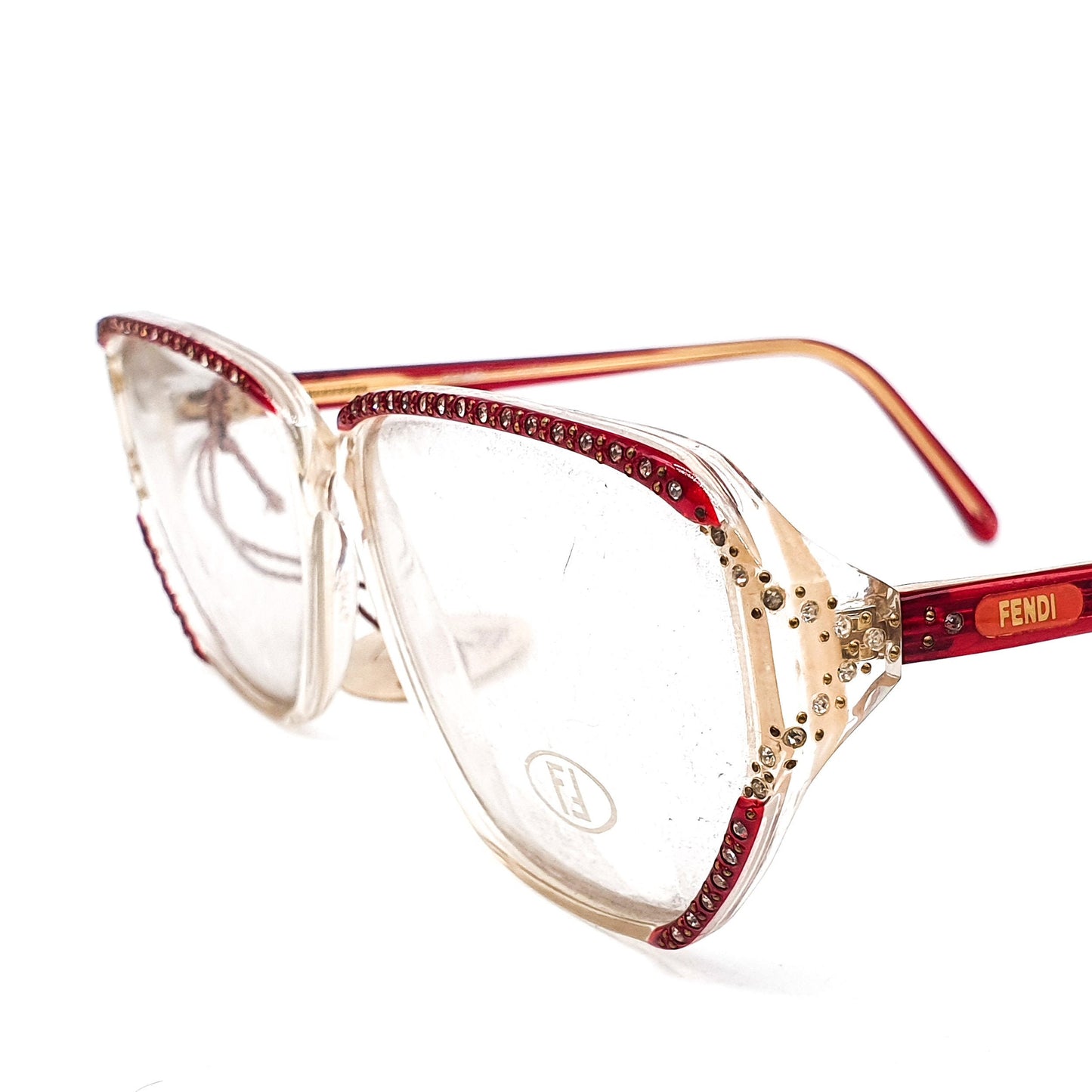 Fendi FV54 oversized glasses in clear/ burgundy acetate w crystals detailing, NOS 80s Italy