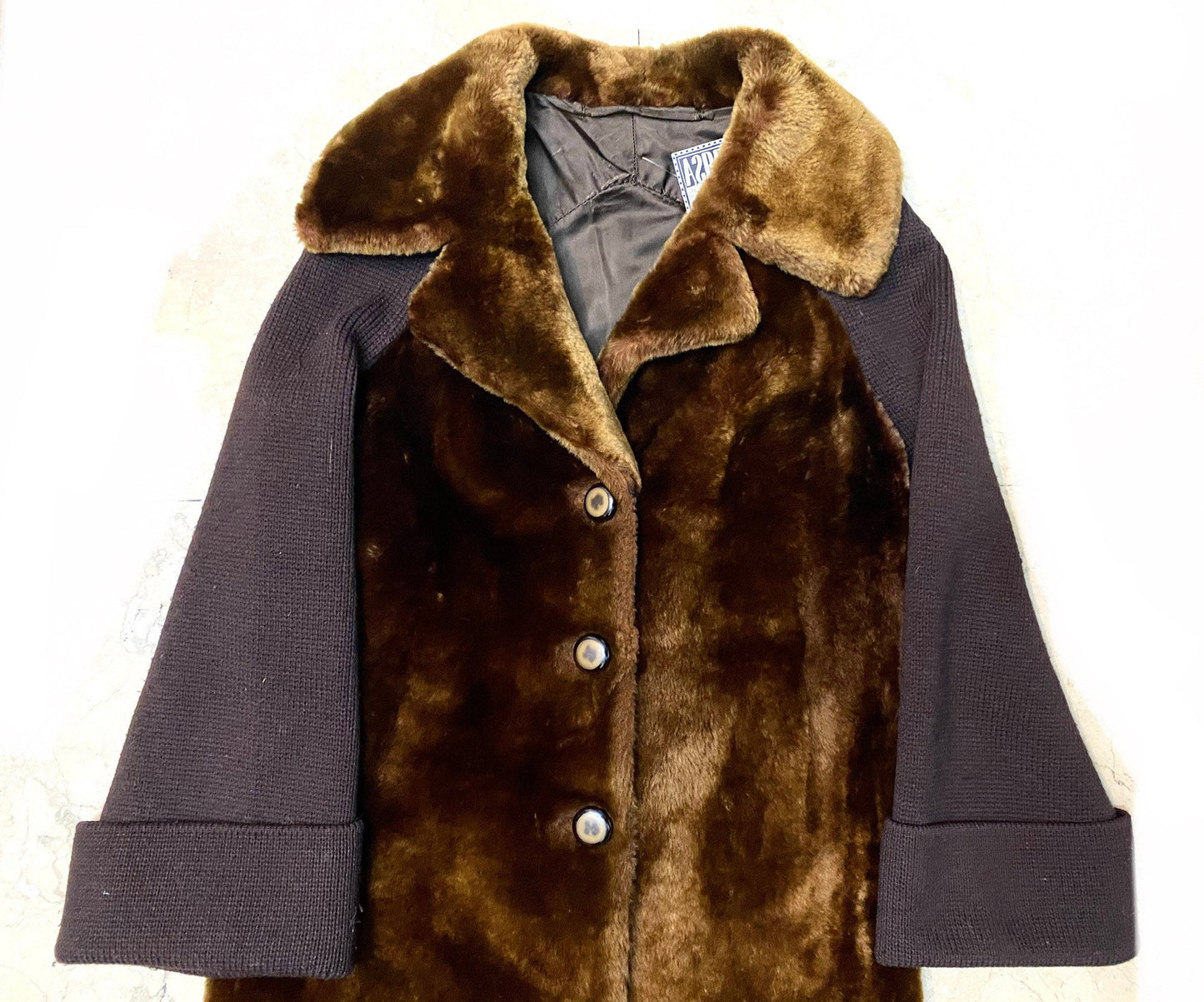 Pure 1970 Real fur coat w Knitted wool sleeves, interesting pattern, Great condition