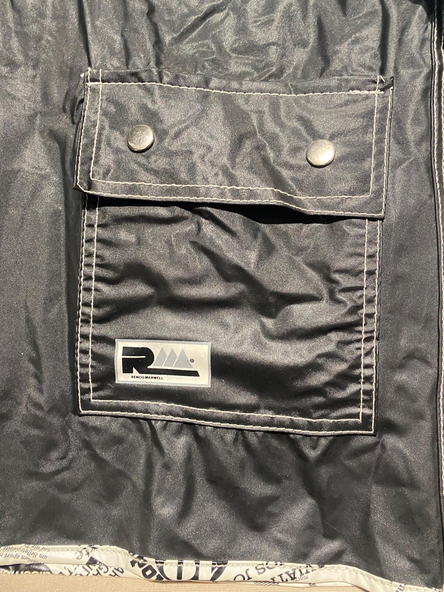 Renco Marwell hooded reversible rain jacket, black nylon & b/w fashion news print PVC jacket, sz S, XL