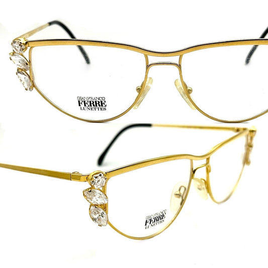 Gianfranco Ferré GFF75 jeweled cateye glasses, golden metal frames w big Swarovski crystals, 1980s NOS