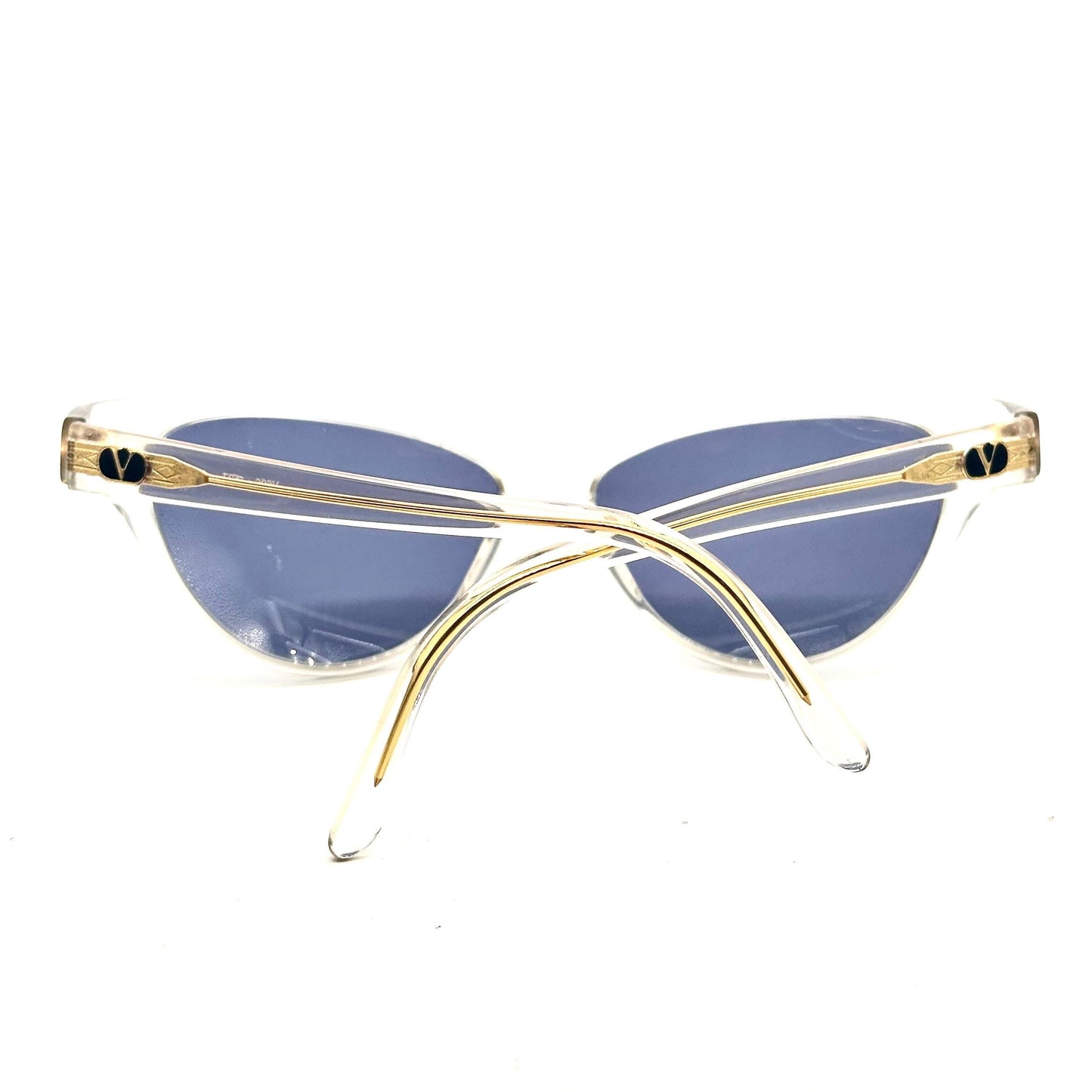 Valentino V606 modern cateye sunglasses in clear cello Golden V logo detail, NOS 90s.