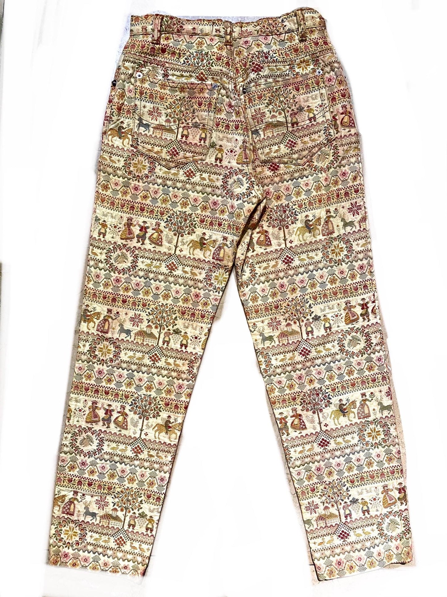 Amaclan Portofino gorgeous beige jacquard trousers w farm Provence scenes allover, mint sz S ladies