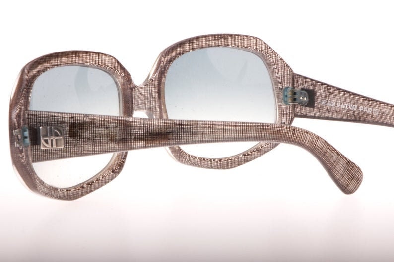 Jean Patou 60s oversized sunglasses with real fabric inlaid in the clear acetate, NOS mint