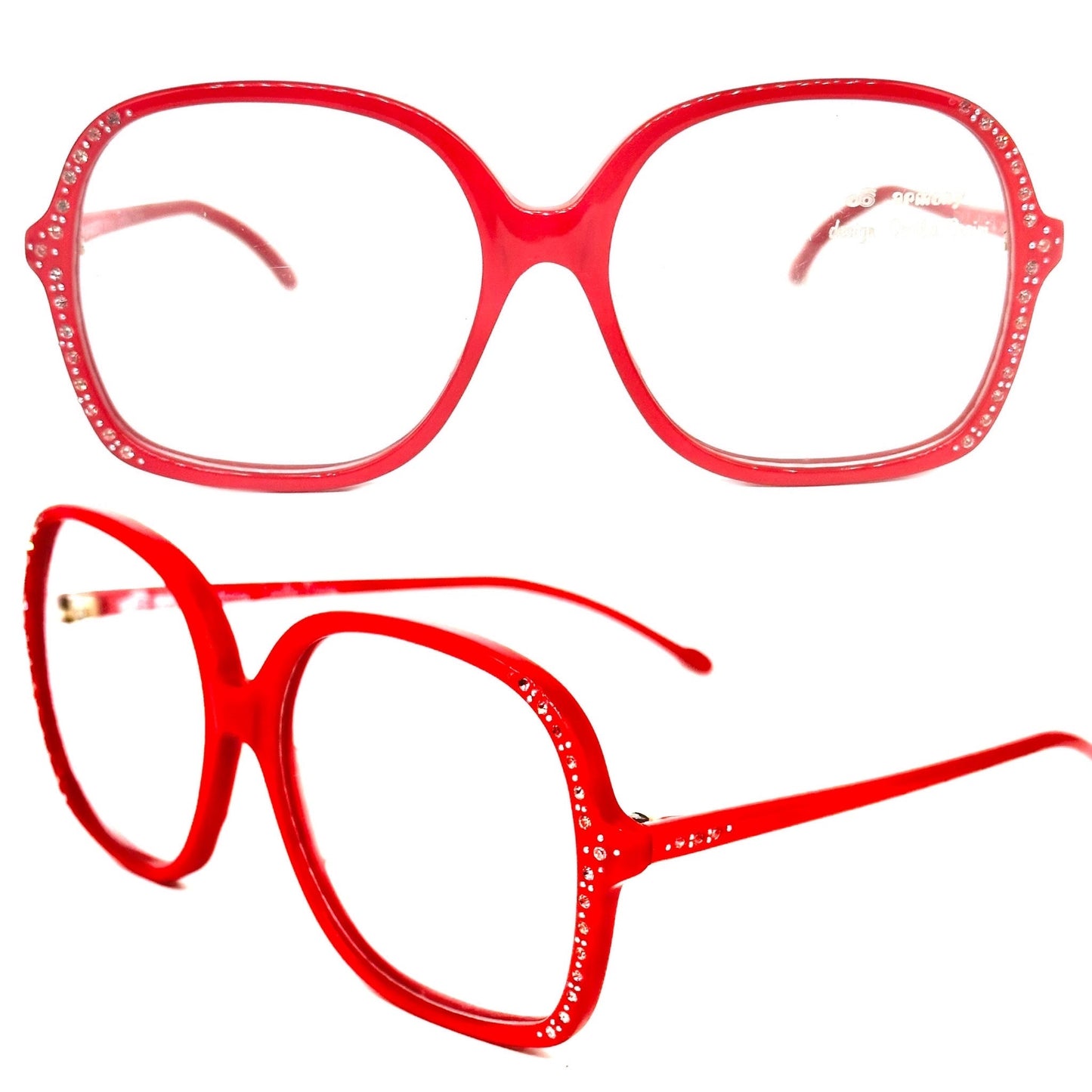 Armony vivid red square oversized frames w rhinestones details, NOS 80s Italy