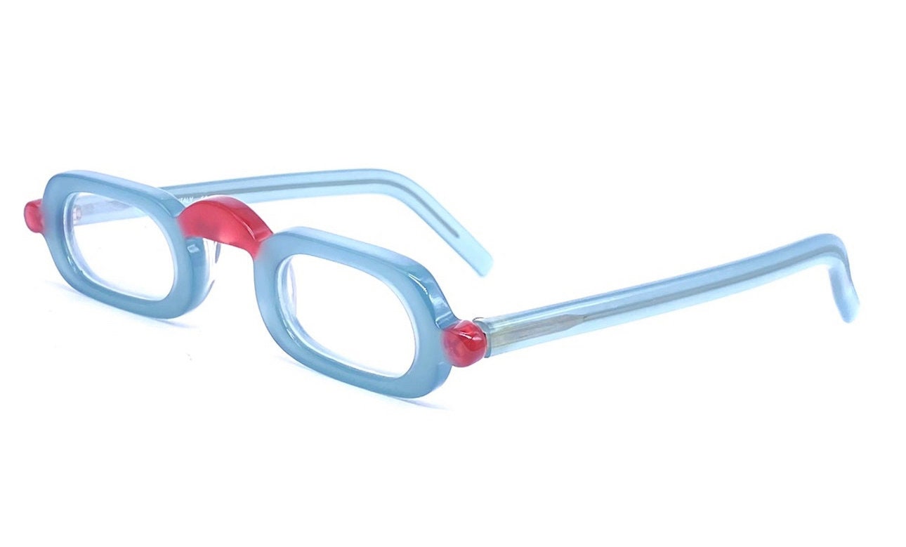 Tilt modernist celluloid reading eyeglasses hand made in Italy, coming in Green or clear color, 80s NOS