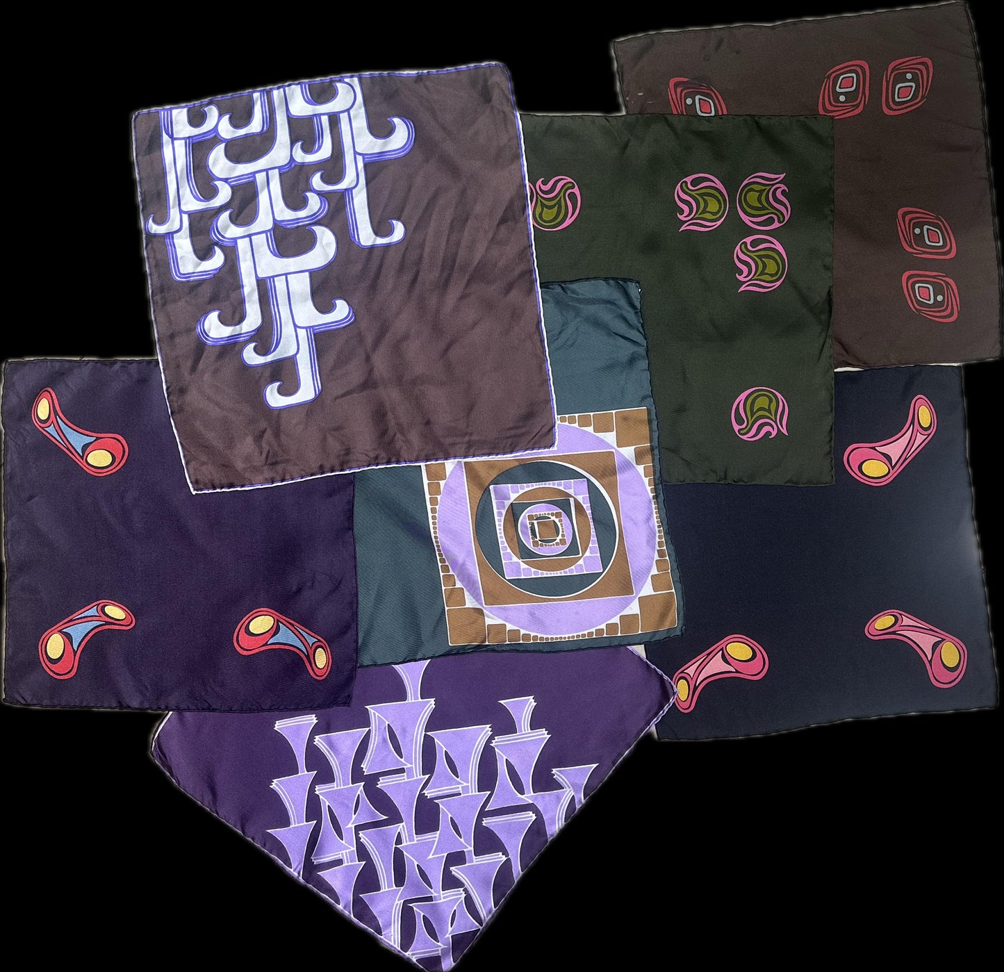 Lot of pure silk pocket squares / handkerchiefs w hand sewn borders, iconic abstract designs, 1970s NOS