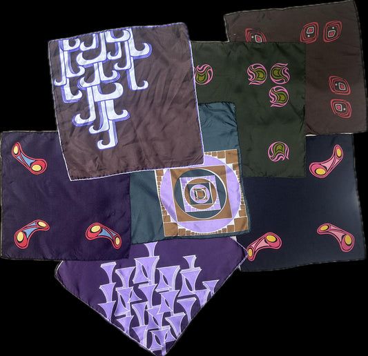 Lot of pure silk pocket squares / handkerchiefs w hand sewn borders, iconic abstract designs, 1970s NOS