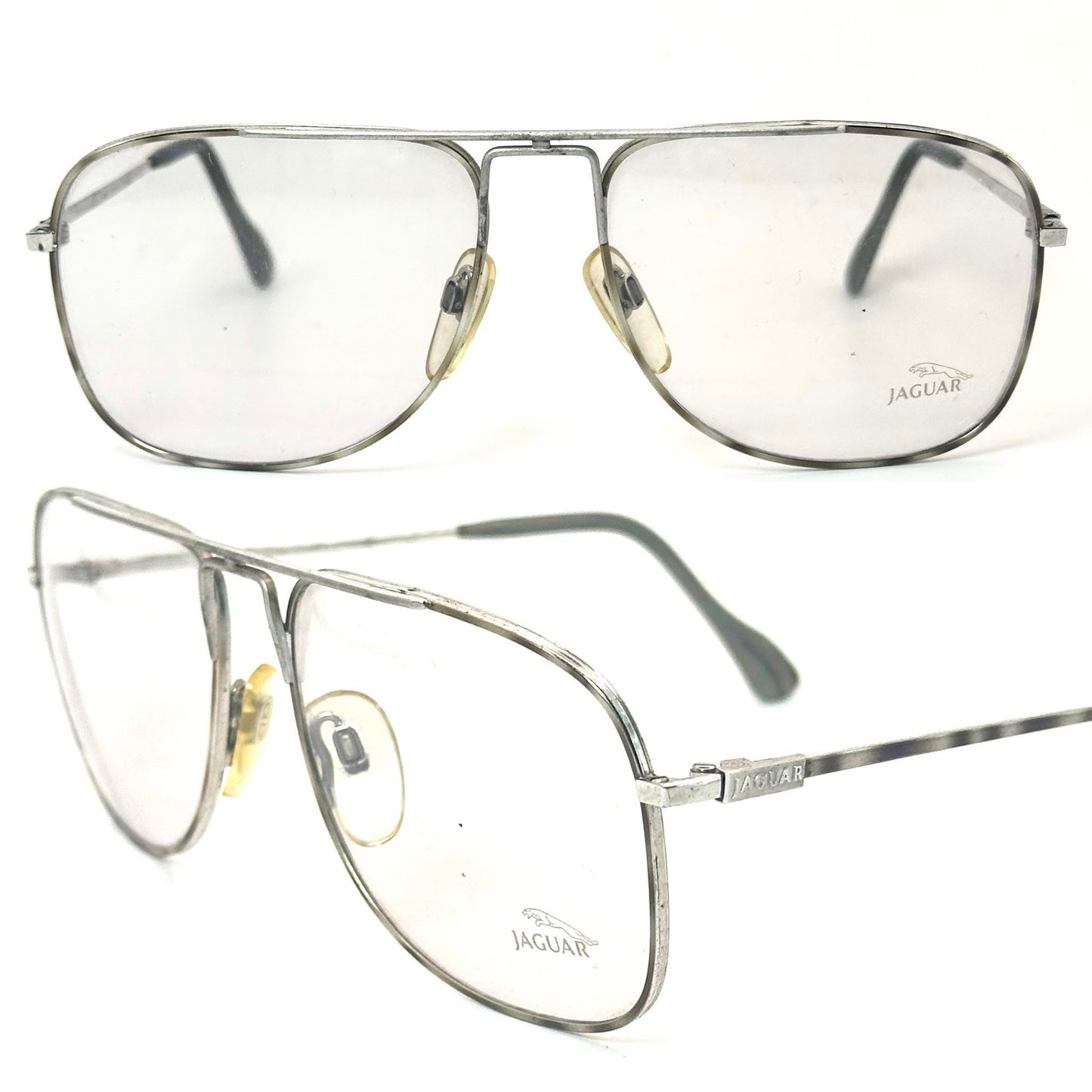 Jaguar 371 square silver aviator eyeglasses frames w grey enameled details, made in Germany, 80s NOS