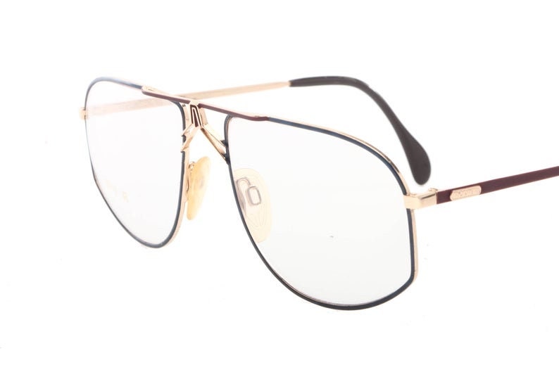 Rodier golden aviator frames w enameled navy rims & burgundy bridge and temples, NOS 80s Germany